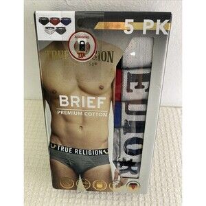 True Religion Premium Cotton Briefs Size M Men's Logo Waistband 5 Pack Red Blue